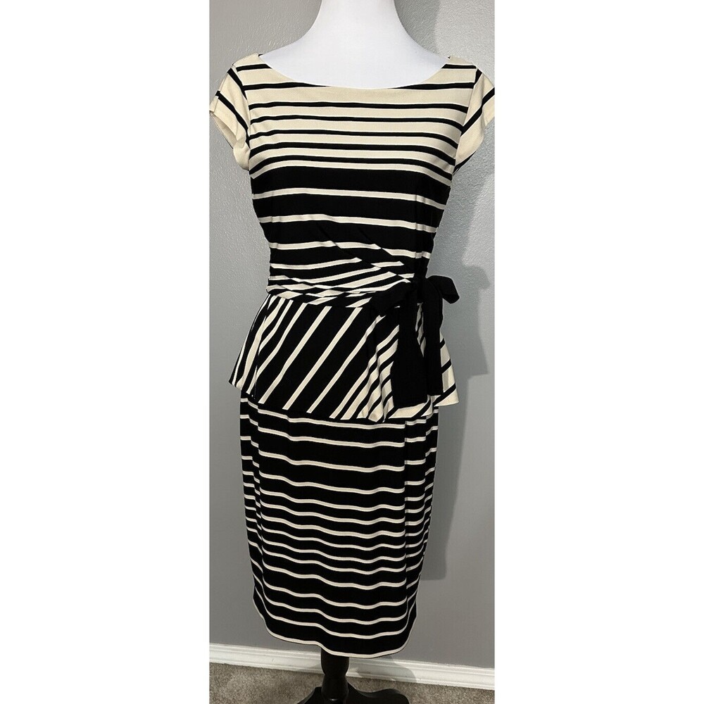 Ann Taylor Womens Sz 4 Black Tan Striped Dress Knee Length Stretch Pencil EUC